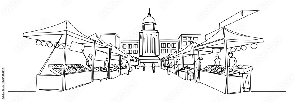 Naklejka premium continuous one line drawing of a farmers market on a city street with stalls and a town hall vector lineart illustration
