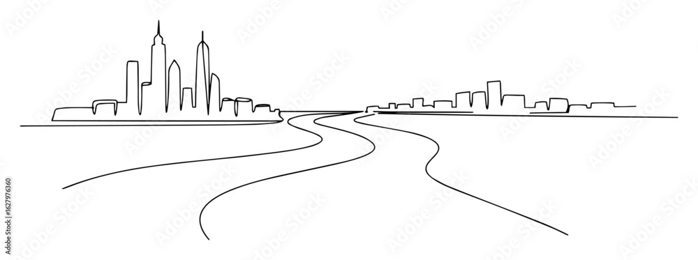 Fototapeta premium continuous one line drawing of a road leading to a city skyline urban landscape vector outline sketch