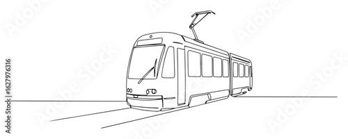continuous one line drawing of a modern city streetcar or tram for urban transportation system vector lineart