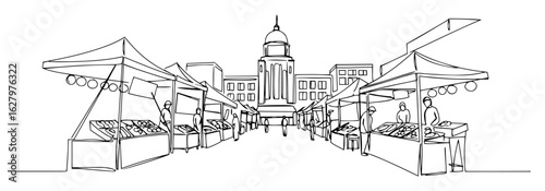 continuous one line drawing of a farmers market on a city street with stalls and a town hall vector lineart illustration