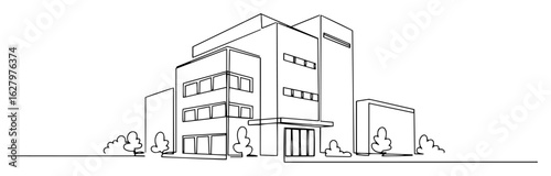 continuous one line drawing of a modern office building or school exterior architecture vector design