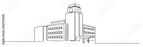 continuous one line drawing of a school building or train station with a clock tower vector sketch