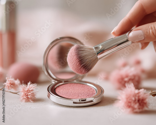 Delicate hand holding brush above blush compact, surrounded by soft pink flowers and makeup items, creating serene and elegant beauty scene