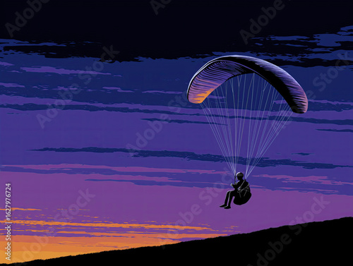 Paraglider soaring through a vibrant sunset sky, with shades of purple and orange blending seamlessly, capturing the thrill of adventure and freedom in the open air