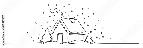 winter cottage in snowy landscape monoline thin vector lineart outline design