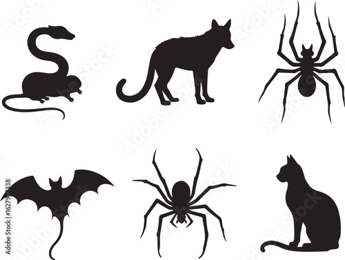 Spooky Halloween silhouettes of bat, cat, wolf, rat, spiders
