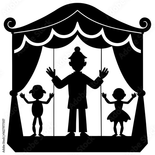 Puppet show stage with performers silhouette black