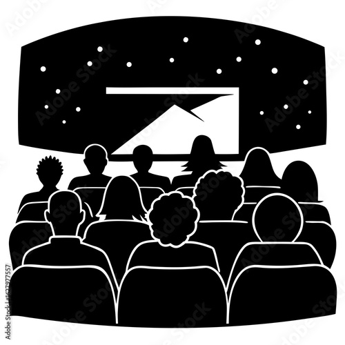 Silhouetted audience watching outdoor movie people