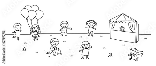 children having fun at carnival fairground vector outline monoline design