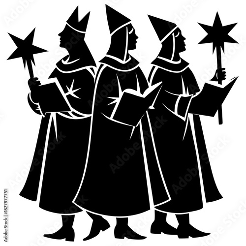 Three figures singing carols carol singers silhouette