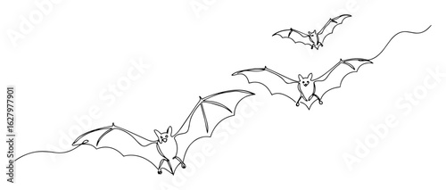 one continuous line drawing of a flock of flying bats for a nocturnal animal or halloween concept vector contour lineart