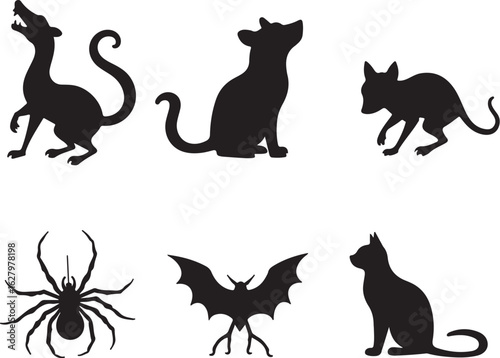 Spooky Halloween silhouettes featuring bat, spider and cats