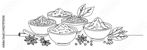 One continuous line drawing of spices and herbs in bowls with cinnamon and star anise. Aromatic cooking ingredients, seasoning concept. Vector illustration.
