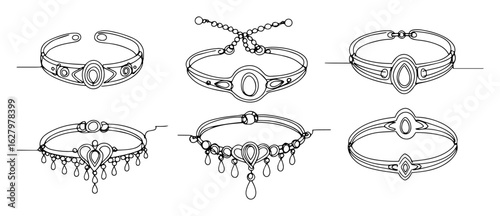 continuous one line drawing set of ornate traditional bracelets and ancient jewelry with gemstones vector lineart collection