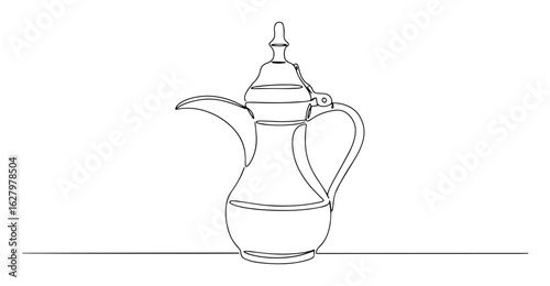 continuous one line drawing of an ornate arabic dallah coffee pot a traditional beverage server vector lineart sketch