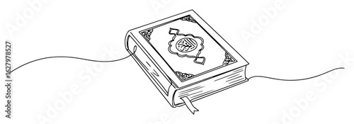 continuous one line drawing of the holy quran the sacred book of islam with ornate cover vector monoline illustration