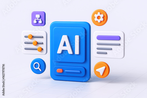 A vibrant 3D illustration of an AI concept featuring a blue AI icon surrounded by colorful data management tools.