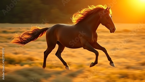 A majestic horse gallops across a golden field, its mane catching the warm glow of sunset light.