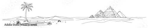 continuous one line drawing of a desert landscape with an oasis palm tree and the pyramids of giza vector travel sketch