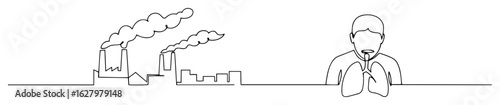 industrial factory pollution with masked child outline vector illustration