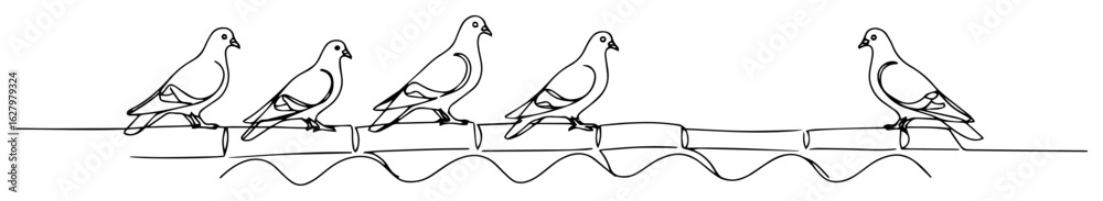 Fototapeta premium pigeons perched on power line outline vector illustration