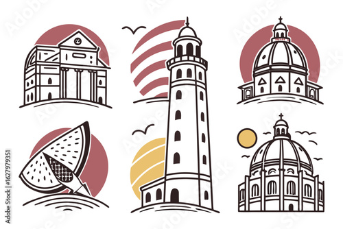 Collection of famous architectural landmarks and buildings