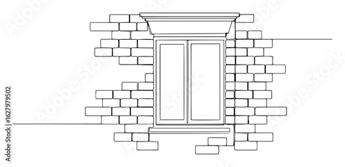 continuous one line drawing of a classic window in a brick wall an architectural element of a vintage building vector outline sketch