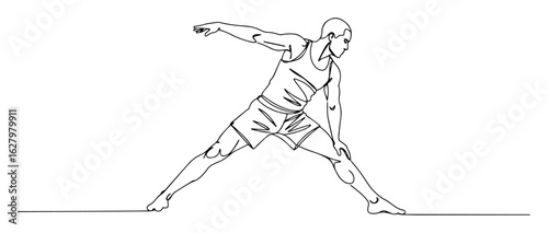 continuous one line drawing of a man doing an extended side angle yoga pose a dynamic fitness stretch vector lineart sketch