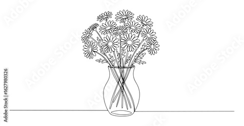 one continuous line drawing of a daisy or chamomile flower bouquet in a glass vase for a home decor still life concept vector contour lineart