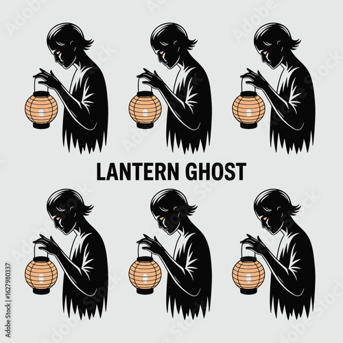 Six Stylized Ghosts Holding Japanese Lanterns on Gray Background
