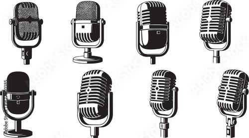 Black retro-style vintage microphone. Classic audio equipment design ideal for music, podcast, radio, or performance-themed visuals. High-quality vector or PNG.