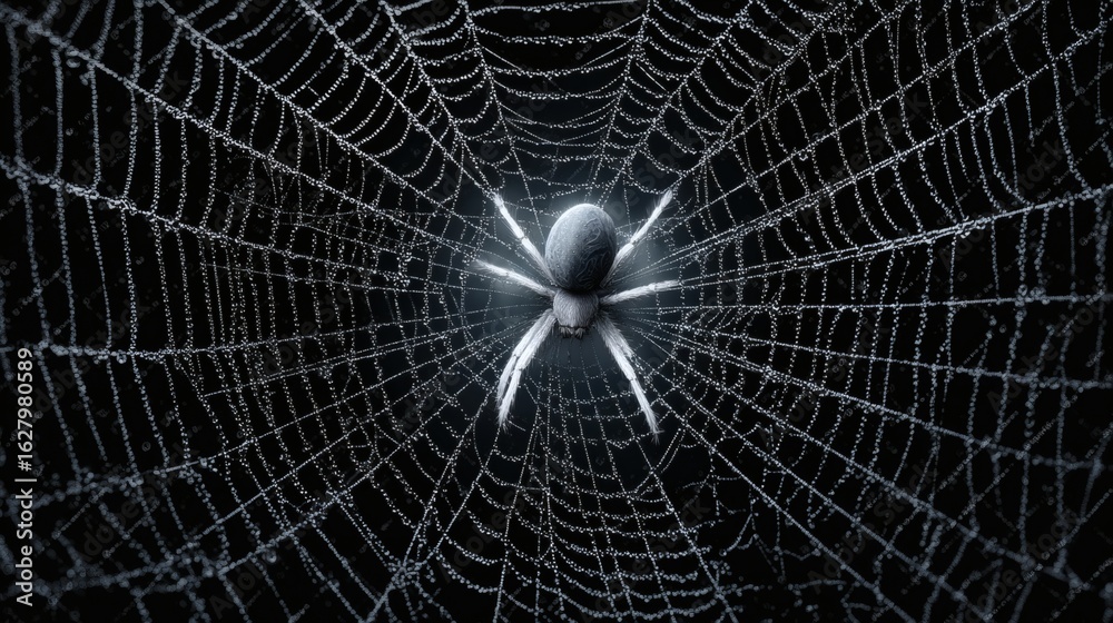 Obraz premium A spider sits in the center of its intricate web against a dark background