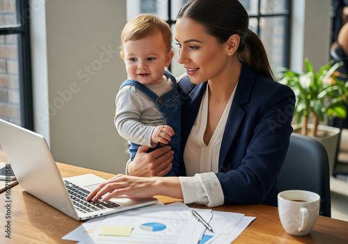 Wallpaper Mural Professional businesswoman multitasking with her baby, working on a laptop at an office desk Torontodigital.ca