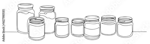 continuous one line drawing of a collection of glass jars for kitchen pantry storage and food preservation vector lineart design