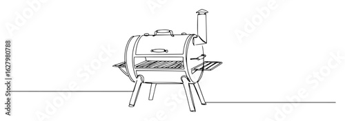 Barbecue smoker grill for outdoor cooking. Vector line art icon