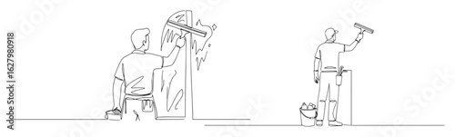 man washing window one continuous line drawing