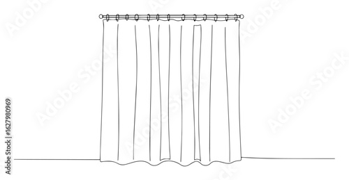 continuous one line drawing of a window curtain or shower drapery hanging on a rod a home interior decoration vector outline design