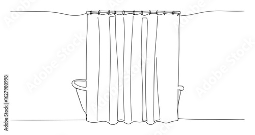 one continuous line drawing of a bathroom scene with a bathtub and shower curtain for a home interior concept vector contour illustration