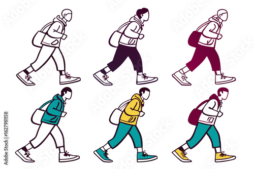 Set of people walking with shoulder bags, isolated on white