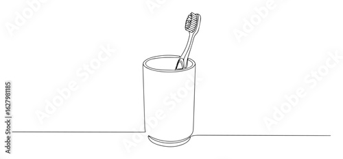 continuous one line drawing of a toothbrush in a cup a dental hygiene and bathroom accessory set vector outline design