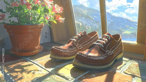 Brown leather shoes by a windowsill, with flowers and a mountain view. Sunlight streams in