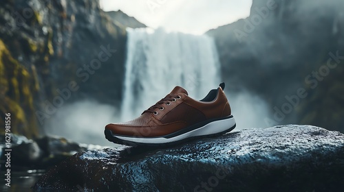 Brown leather sneaker on a rock, dramatic waterfall backdrop