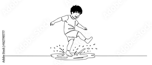 one continuous line drawing of a happy little boy splashing in a puddle for a fun childhood concept vector contour lineart