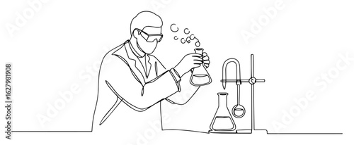 scientist in lab with flasks one continuous line drawing