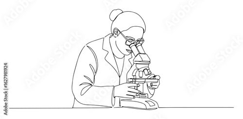 laboratory researcher observing sample under microscope continuous line vector outline monoline