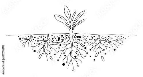 soil microbiome and plant root ecosystem continuous line drawing vector