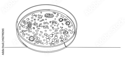 petri dish with bacterial colonies one continuous line drawing