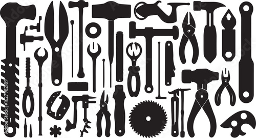 Silhouette of Assorted Tools Construction and Repair Instruments Various Hammers Wrenches Pliers and Fasteners Depicted as Black Shapes on White Background