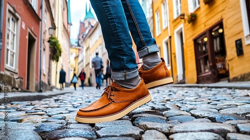 Close-up of feet in brown shoes stepping on cobblestone street, with colorful buildings in the background