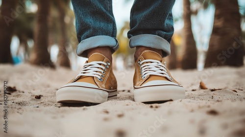 Close-up of mustard-colored canvas shoes on sand, cuffed jeans,  tropical background